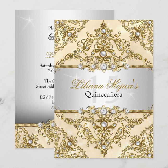 Invitación Quinceañera de Damasco Perla Dorada (Anverso / Reverso)