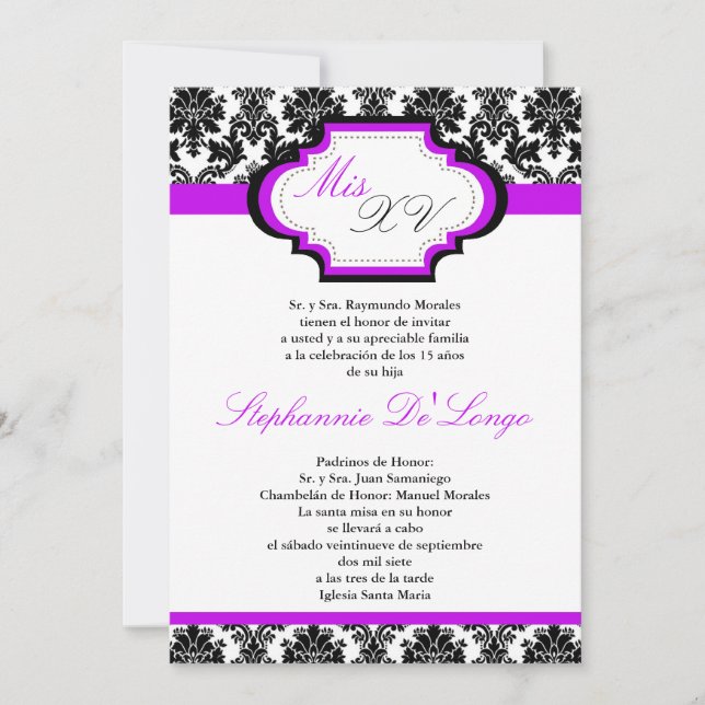 Invitación Quinceanera de Damasco Real Púrpura (Anverso)