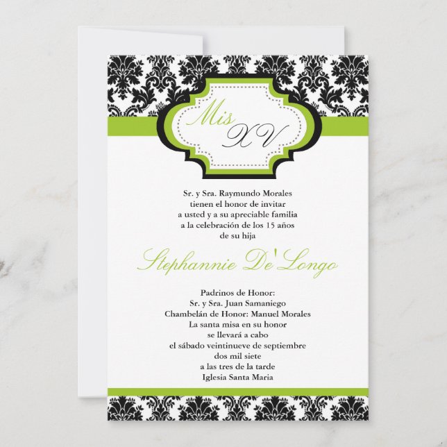 Invitación Quinceanera de Damasco Verde 5x7 (Anverso)