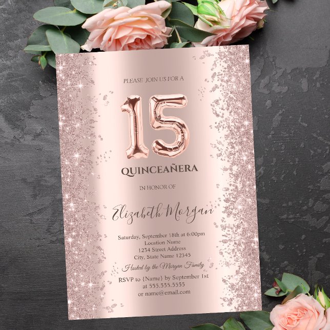 Invitación Quinceañera de Diamantes con Brillo de Oro Rosa (Subido por el creador)
