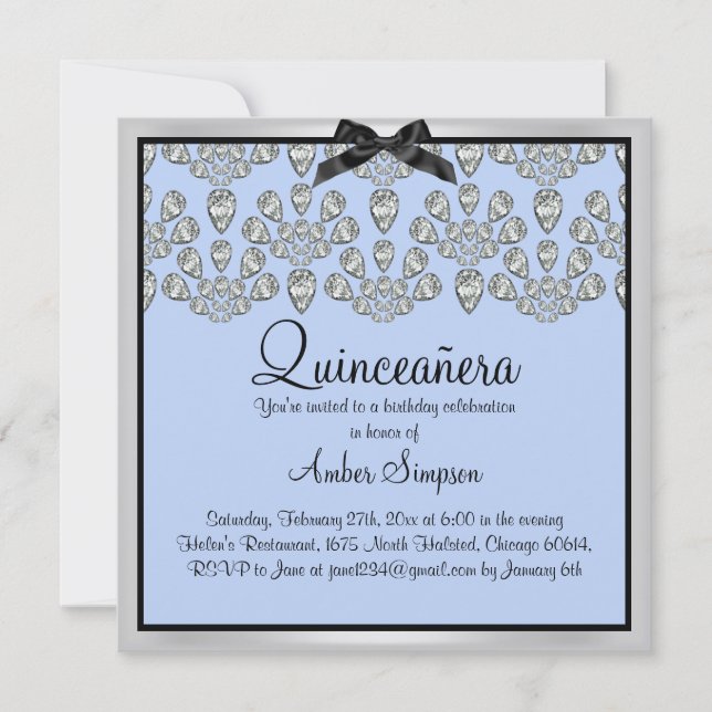 Invitación Quinceanera de diamantes de plata/azul  (Anverso)