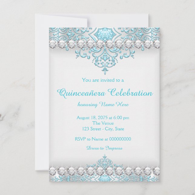 Invitación Quinceanera de diamantes turquesa y plateado (Anverso)