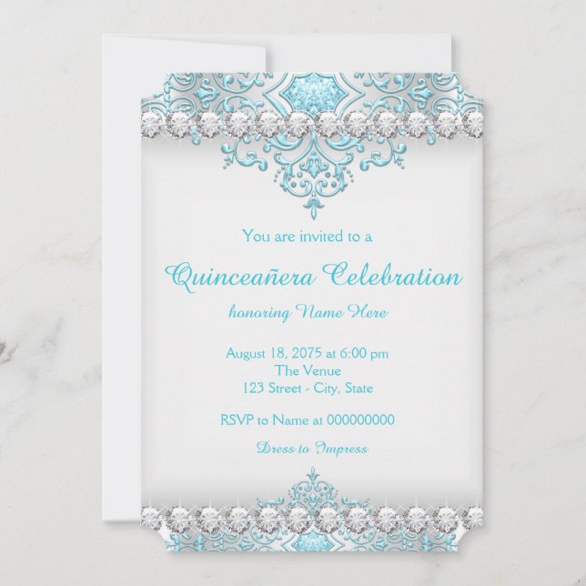 Invitación Quinceanera de diamantes turquesa y plateado (Anverso)