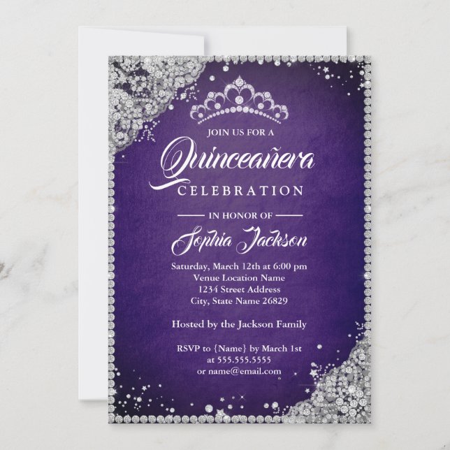 Invitación Quinceanera de Diamond Lace Sparkle Purple Silver (Anverso)