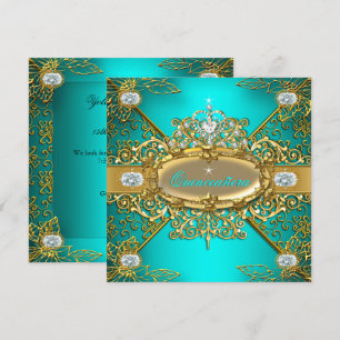 Invitación Quinceañera de Élite Azul Teal Dorado Damask Fiest
