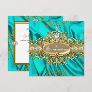 Invitación Quinceañera de Élite Seda Azul Teal Plateado Dorad
