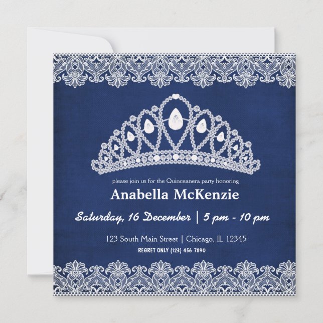 Invitación Quinceanera de encaje (azul) (Anverso)
