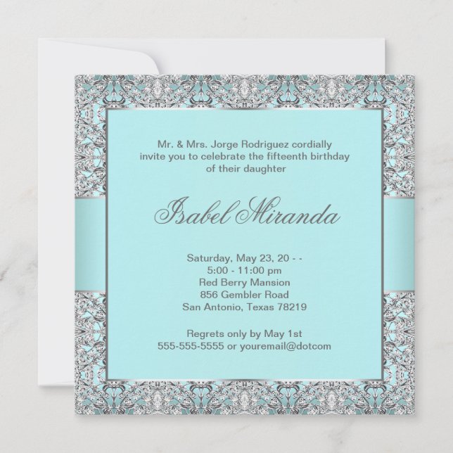 Invitación Quinceañera de encaje azul turquesa plateado (Anverso)