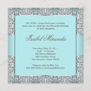Invitación Quinceañera de encaje azul turquesa plateado
