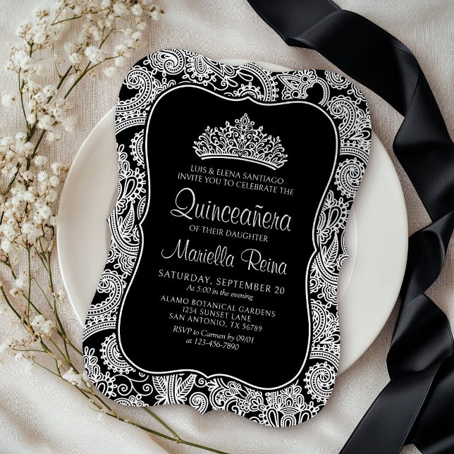 Invitación Quinceañera de encaje blanco negro (Subido por el creador)