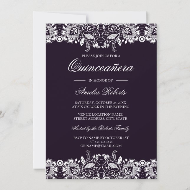 Invitación Quinceanera de encaje blanco púrpura vi (Anverso)