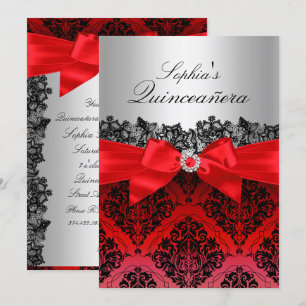 Invitación Quinceañera de encaje damasco y lazo ro