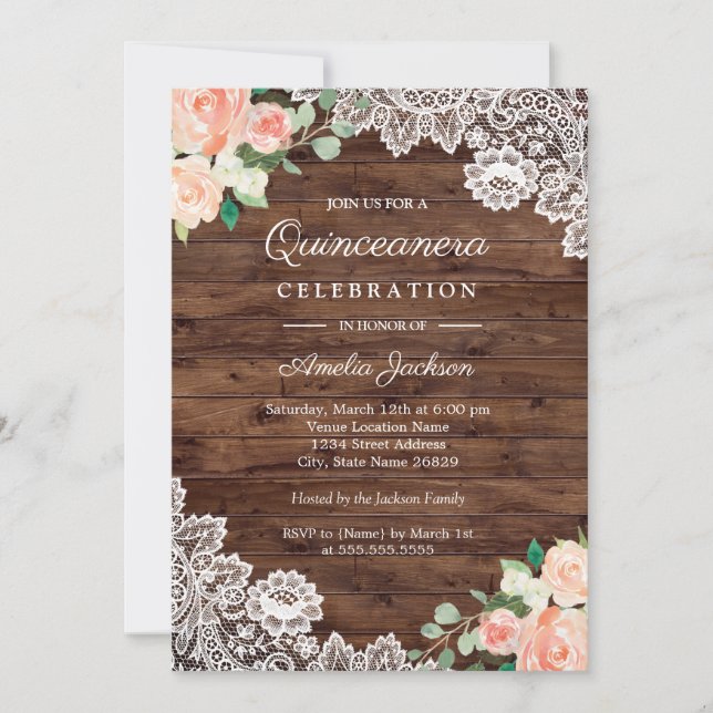 Invitación Quinceañera de Encaje de Madera Rústica (Anverso)