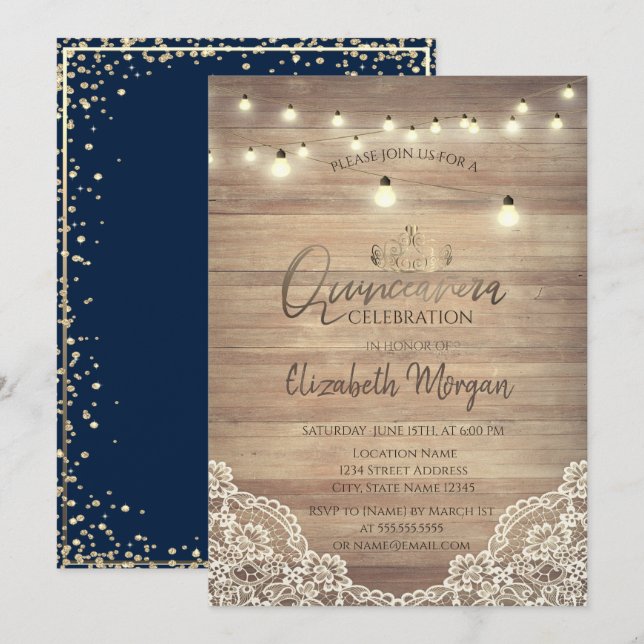 Invitación Quinceañera de encaje rústico, luces, tiara, diama (Anverso / Reverso)