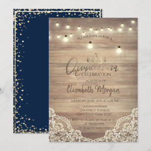 Invitación Quinceañera de encaje rústico, luces, tiara, diama