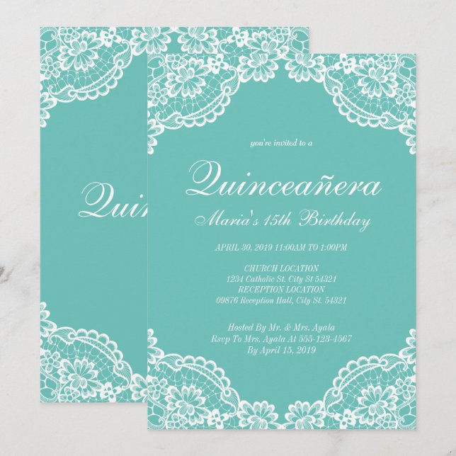 Invitación Quinceanera de encaje verde azulado y blanco, invi (Anverso / Reverso)