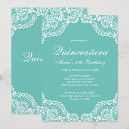 Invitación Quinceanera de encaje verde azulado y blanco, invi