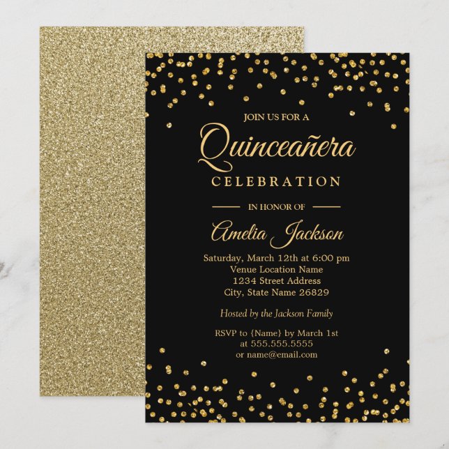 Invitación Quinceanera de esparkle Gold Black Conf (Anverso / Reverso)