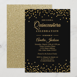 Invitación Quinceanera de esparkle Gold Black Conf