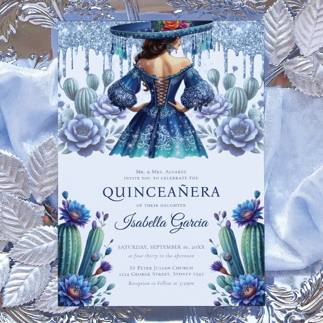 Invitación Quinceañera de estilo mexicano azul real (Subido por el creador)