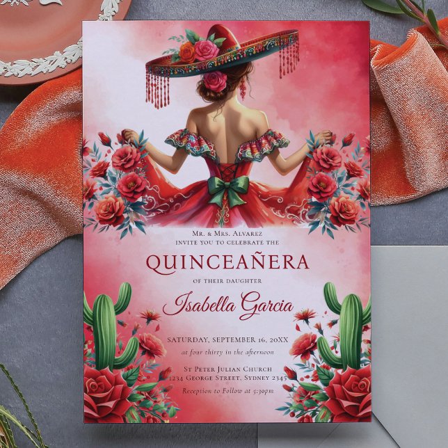 Invitación Quinceañera de estilo rojo verde mexicano (Subido por el creador)