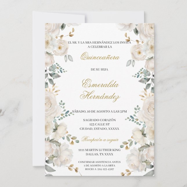 Invitación Quinceañera de flor blanca (Anverso)