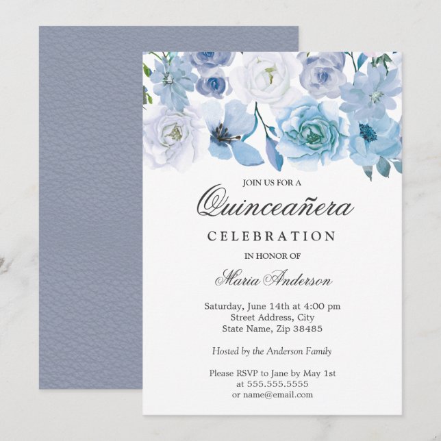 Invitación Quinceanera de Flor Gris Blue Wonderlan (Anverso / Reverso)