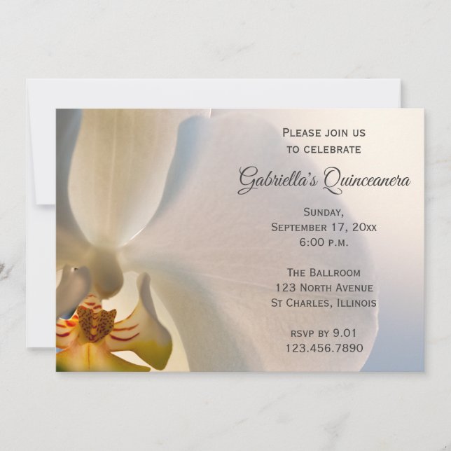 Invitación Quinceanera de Flor Orquídea Blanca (Anverso)