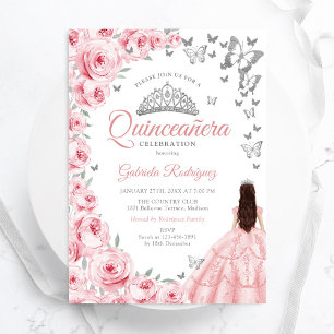 Invitación Quinceanera de flor rosa blanco plateado