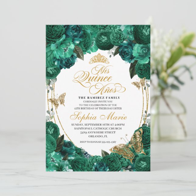 Invitación Quinceanera de floral verde esmeralda (Anverso de pie)