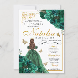 Invitación Quinceanera de floral verde esmeralda
