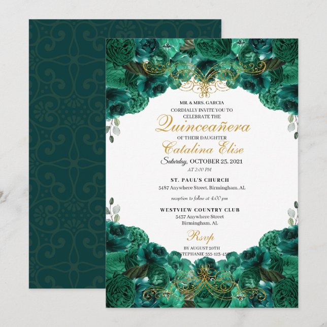 Invitación Quinceanera de floral verde esmeralda (Anverso / Reverso)