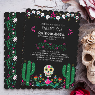 Invitación Quinceañera de Flores de Calaveras del Día de los
