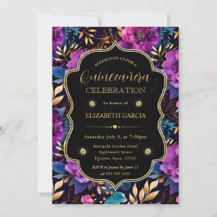 Invitación Quinceañera de flores púrpura y azul turquesa en a