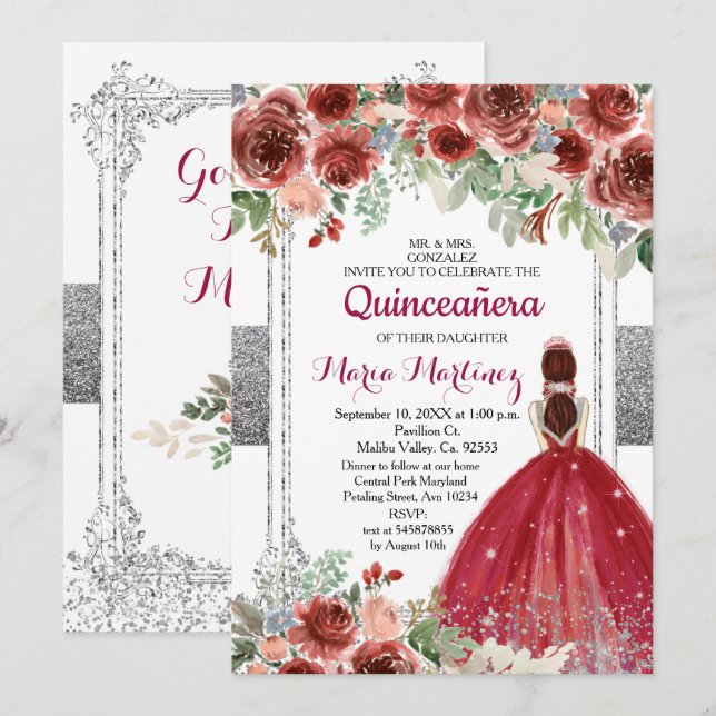 Invitación Quinceanera de Flores Rojas Plateadas (Anverso / Reverso)