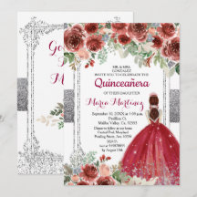 Invitación Quinceanera de Flores Rojas Plateadas