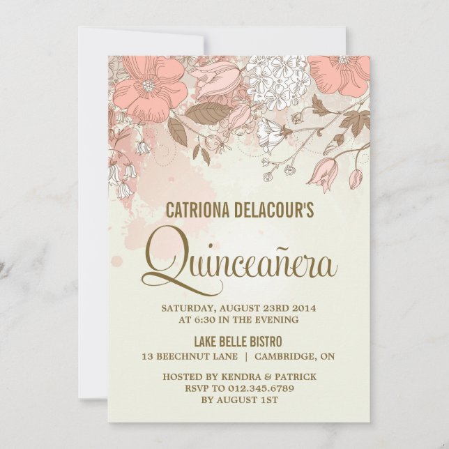 Invitación Quinceañera de Flores Vintage (Anverso)