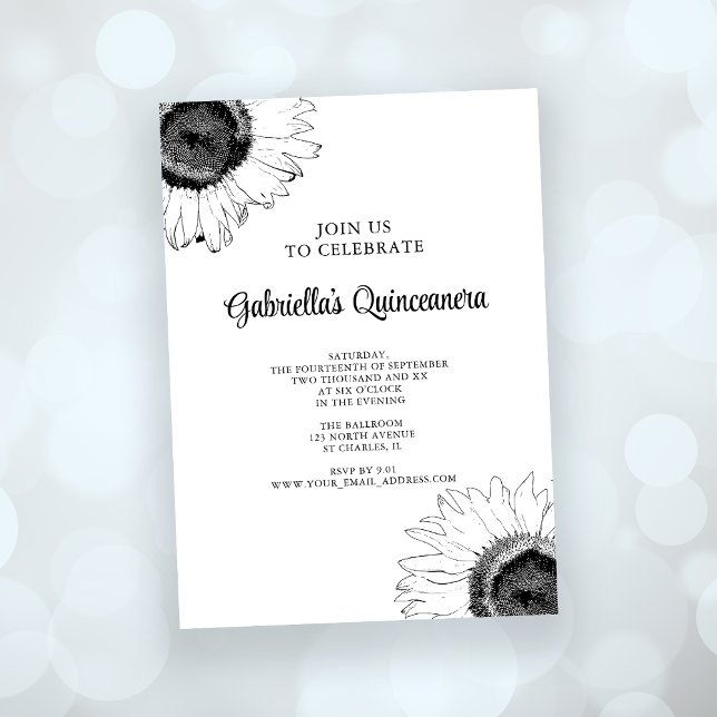 Invitación Quinceanera de girasol blanco y negro (Subido por el creador)