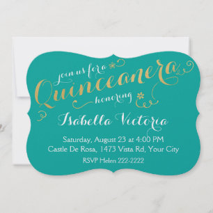 Invitación Quinceanera de guion turquesa y dorada