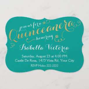 Invitación Quinceanera de guion turquesa y dorada