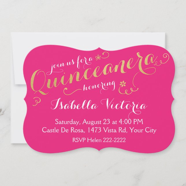 Invitación Quinceanera de guiones rosados y dorados (Anverso)