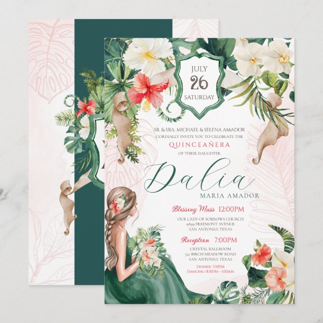Invitación Quinceanera de hoja tropical verde esmeralda (Anverso / Reverso)