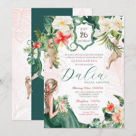 Invitación Quinceanera de hoja tropical verde esmeralda