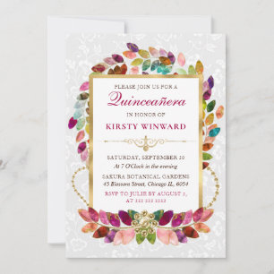 Invitación Quinceañera de hojas coloridas al acuarela y pan d