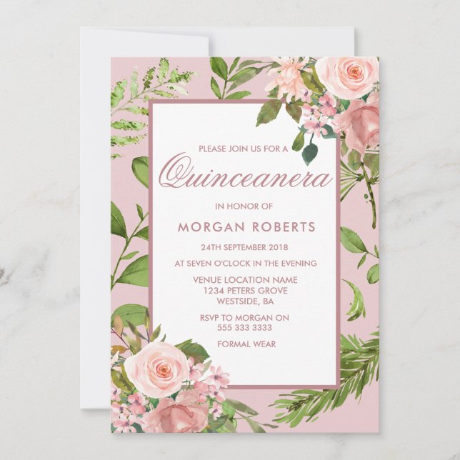 Invitación Quinceanera de hojas de verdor floral r (Anverso)