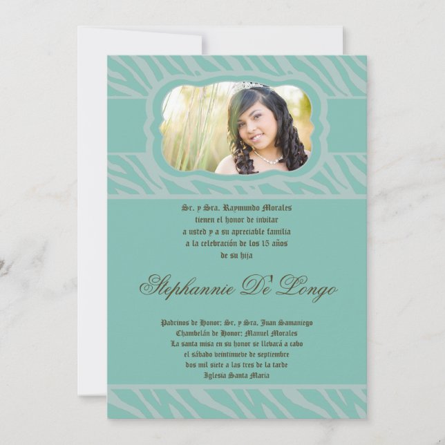 Invitación Quinceanera de impresión Blu Zebra 5x7 (Anverso)