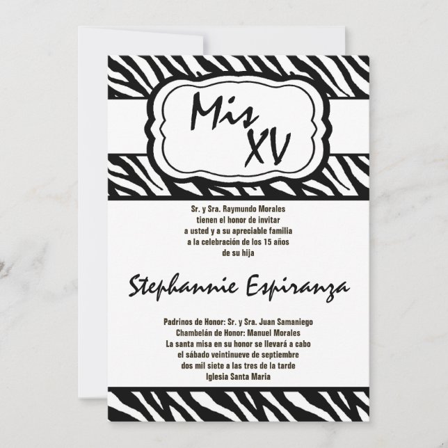 Invitación Quinceanera de impresión de cebra negra 5x7 15 Inv (Anverso)