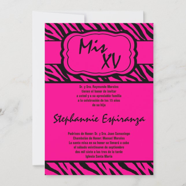 Invitación Quinceanera de impresión de cebra rosa 5 x 7 15 In (Anverso)