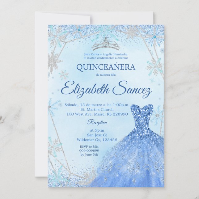 Invitación Quinceanera de invierno azul y plata de (Anverso)