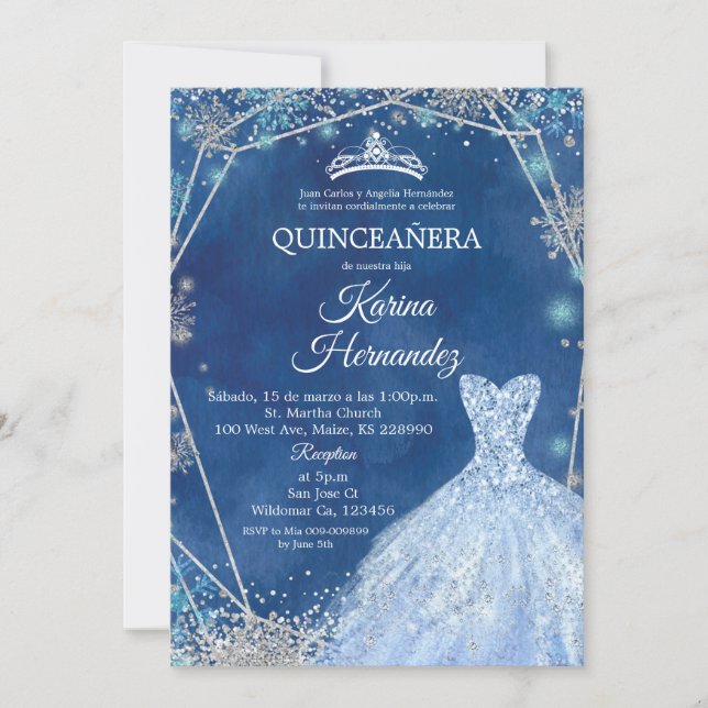 Invitación Quinceanera de invierno azul y plata de (Anverso)